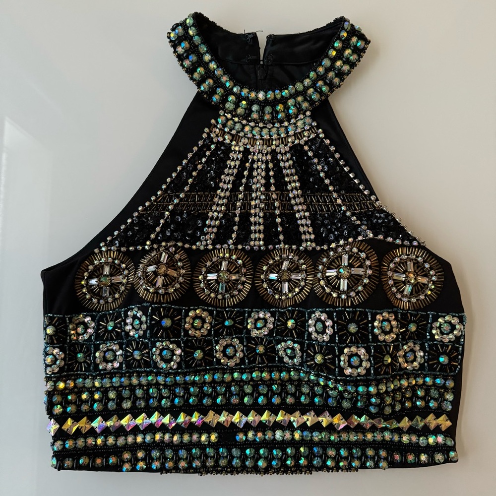 Bejeweled Tank Halter Crop Top Costume Dance Rave Concert Sequin